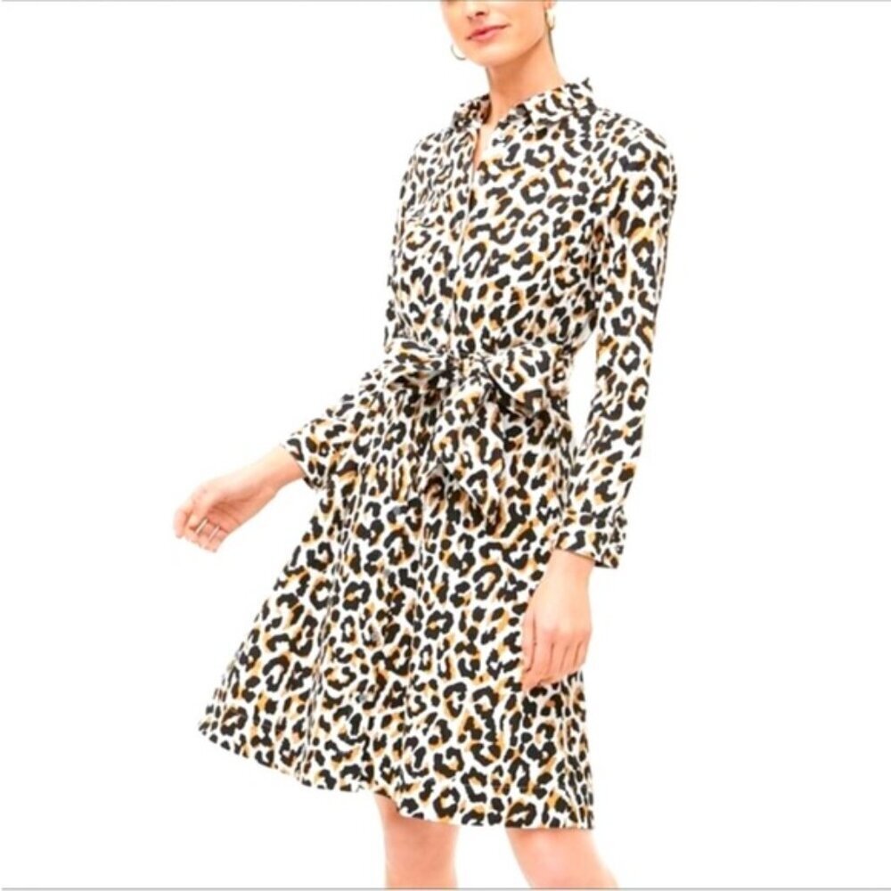 J.Crew Cotton Poplin Leopard Tie-Waist Shirt Dress Size 10 - 36134